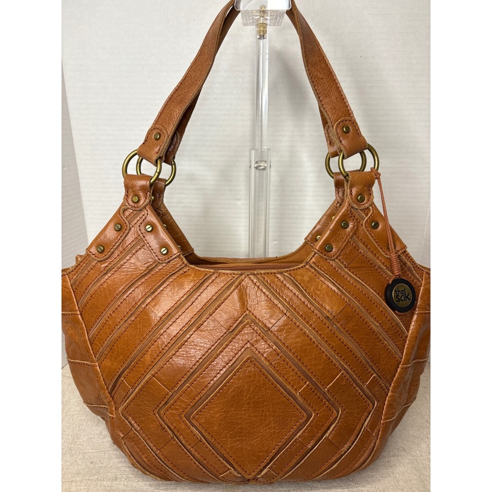 The Sak Brown Leather Patchwork Hobo Shoulder Bag Cognac Boho Chevron Brass